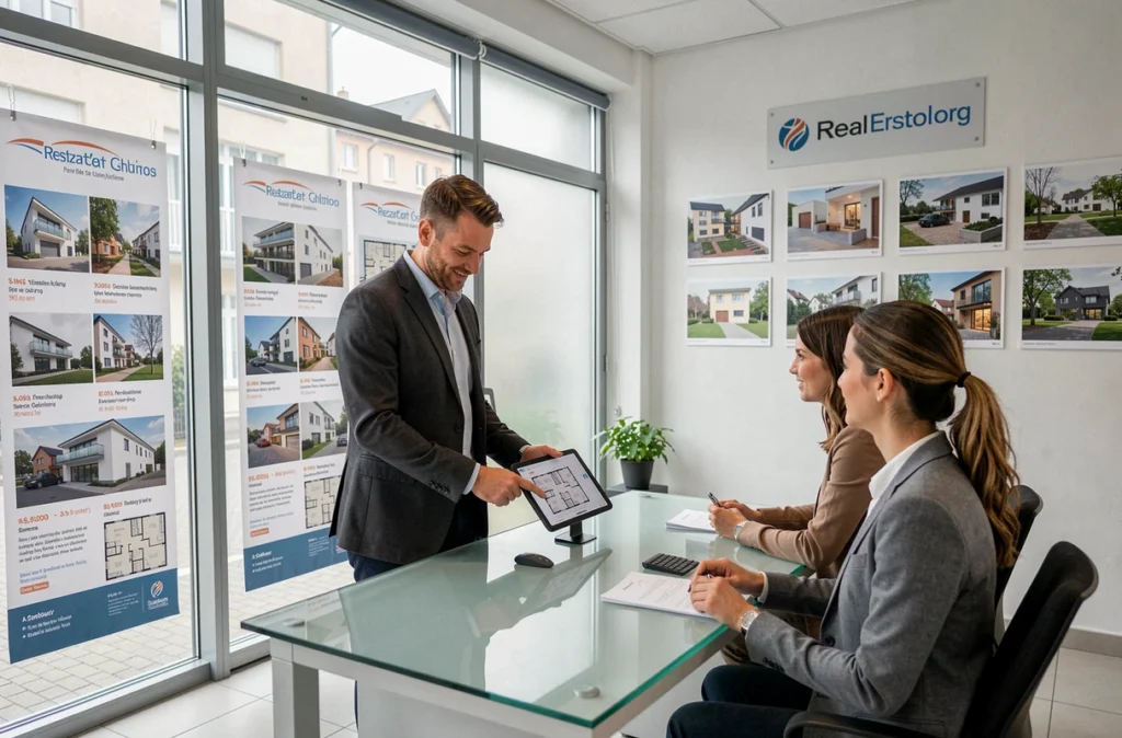 Agent immobilier présentant des plans d'appartements sur tablette dans une agence moderne de Strasbourg, illustrant les services de gestion locative d'Immium