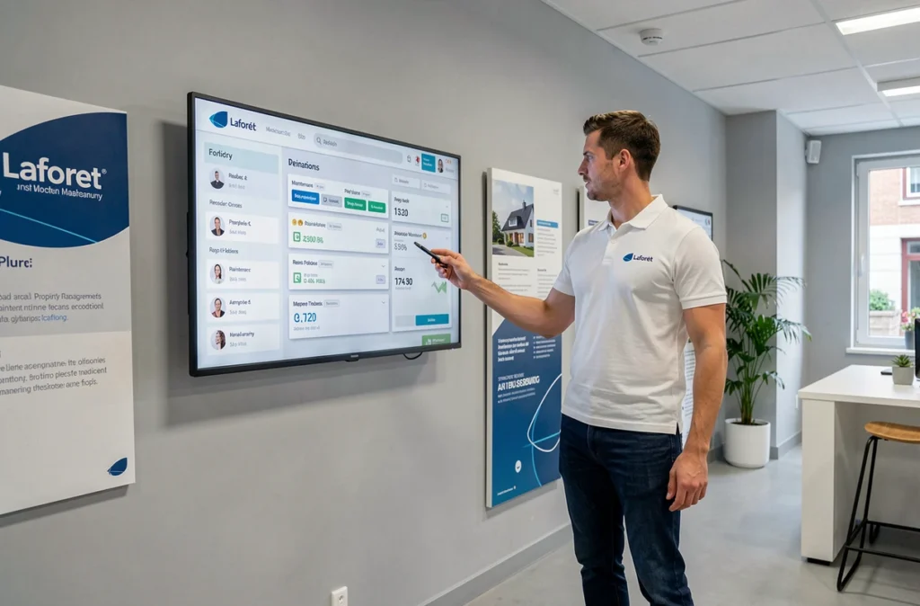 Conseiller Laforêt utilisant un écran tactile interactif pour la gestion locative numérique dans une agence moderne de Strasbourg