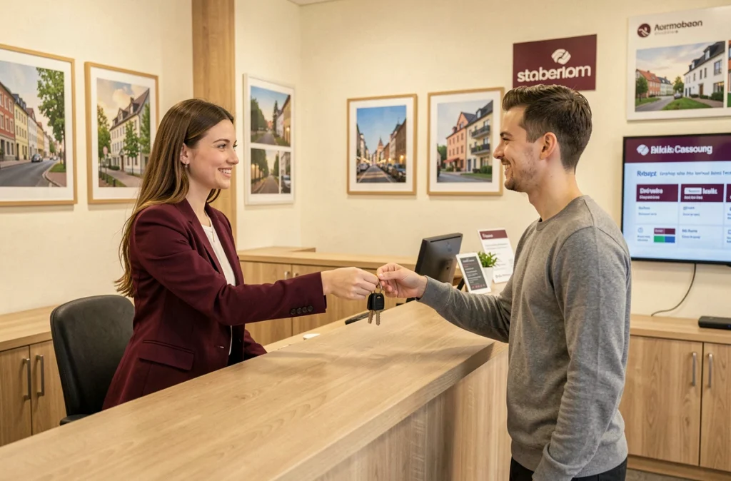 Conseillère en location remettant des clés d'appartement à un locataire dans une agence strasbourgeoise, représentant les services de Locatim