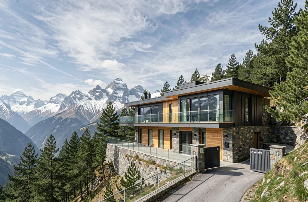 Propriété résidentielle contemporaine à vendre sur un flanc de montagne en Andorre avec vue panoramique sur les Pyrénées