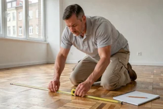 Homme mesurant la surface d'une pièce vide avec un mètre ruban jaune sur parquet en bois