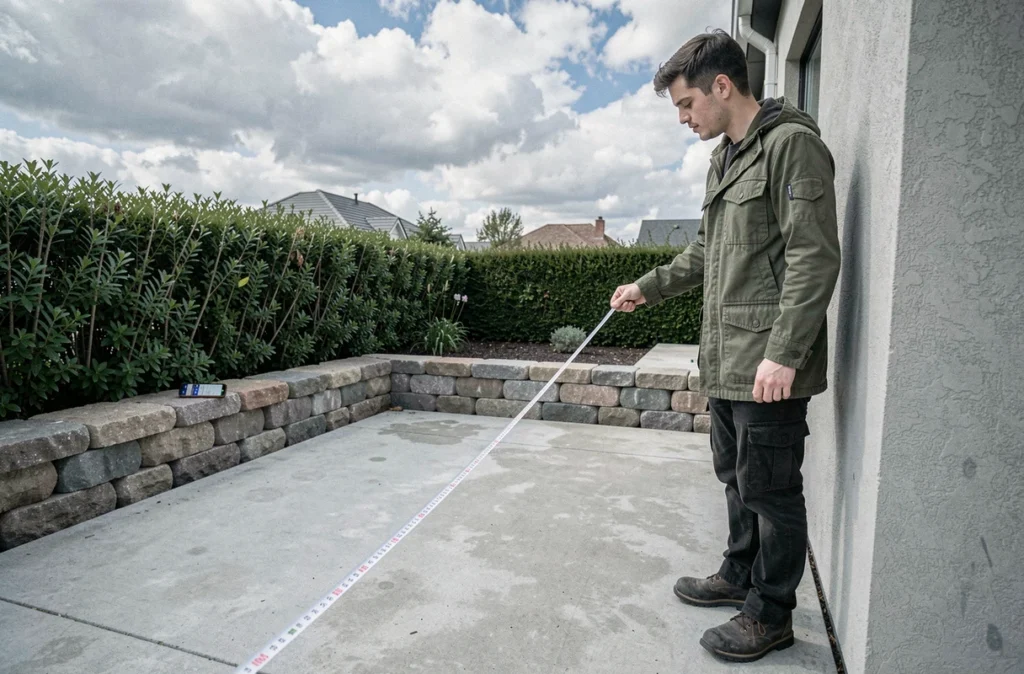 Homme mesurant une terrasse extérieure en béton avec un mètre ruban métallique pour calculer la surface