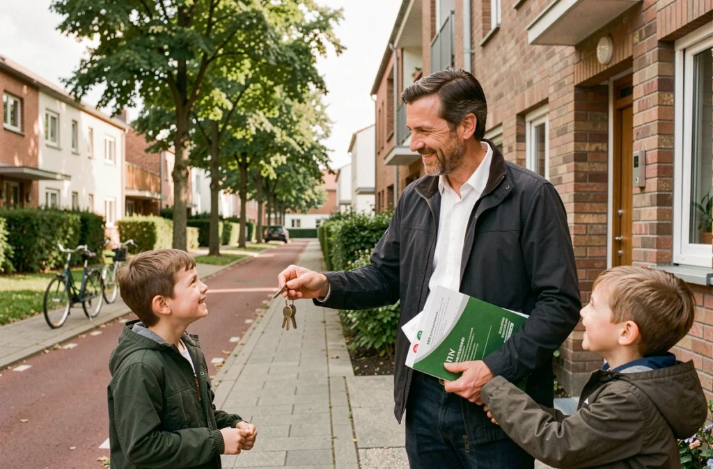 Agent immobilier de proximité accueillant une famille devant un immeuble du quartier Vauban à Strasbourg, représentant Nouvel Soc Agence Immobilière Vauban