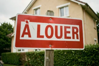 Panneau À Louer réutilisable en plastique rouge et blanc planté devant une maison de banlieue