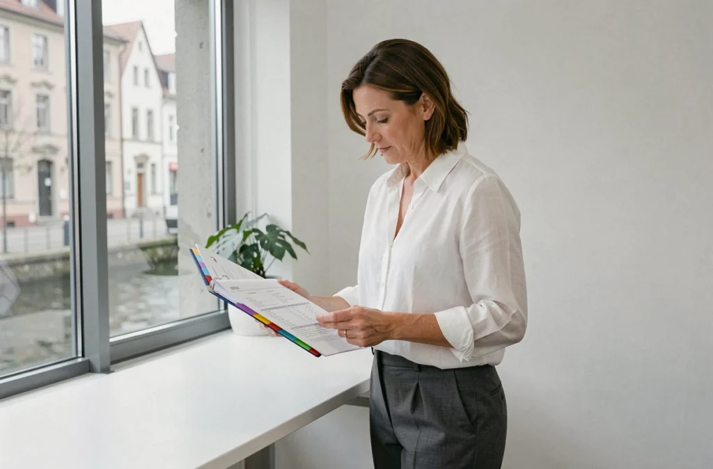 Spécialiste en gestion locative pure analysant un portefeuille de biens dans un bureau moderne avec vue sur un canal de Strasbourg, évoquant Rive Gauche Gestion