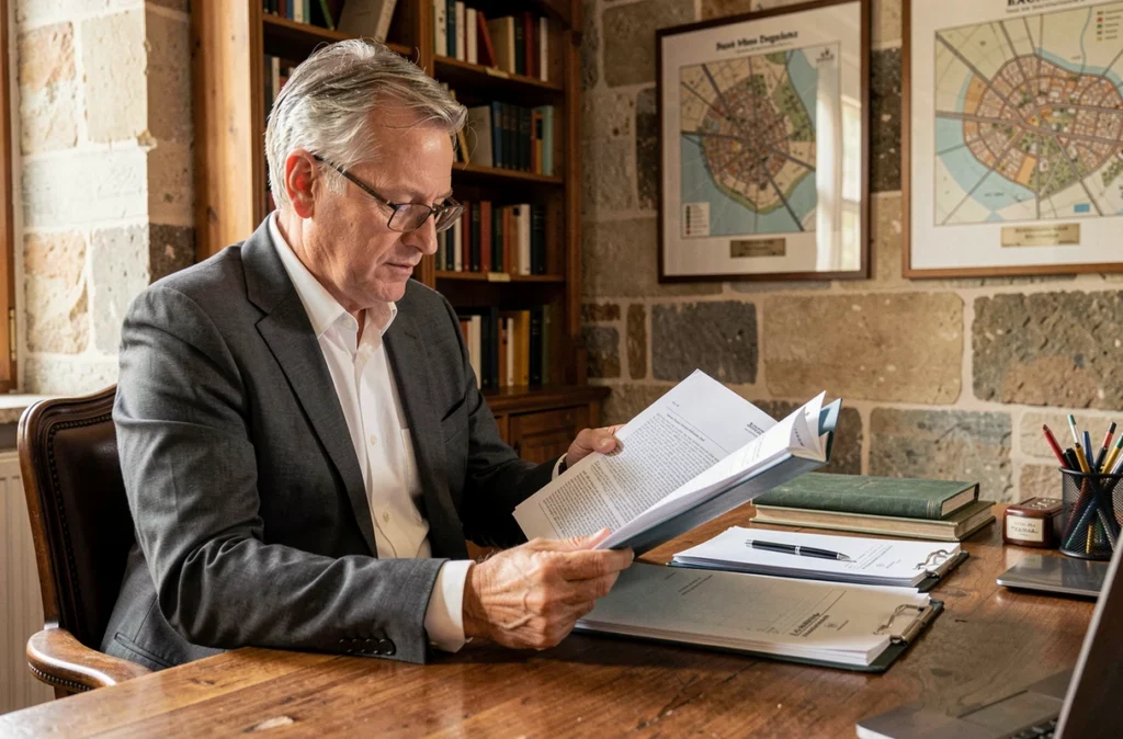Professionnel de l'immobilier senior dans un bureau historique de Strasbourg, représentant Sogestra et son expertise historique en gestion locative