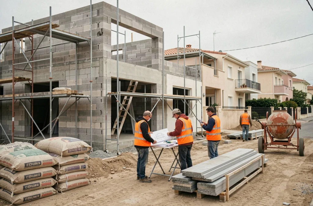 Chantier de construction d'une maison individuelle en cours dans la banlieue de Marseille avec ouvriers et matériaux